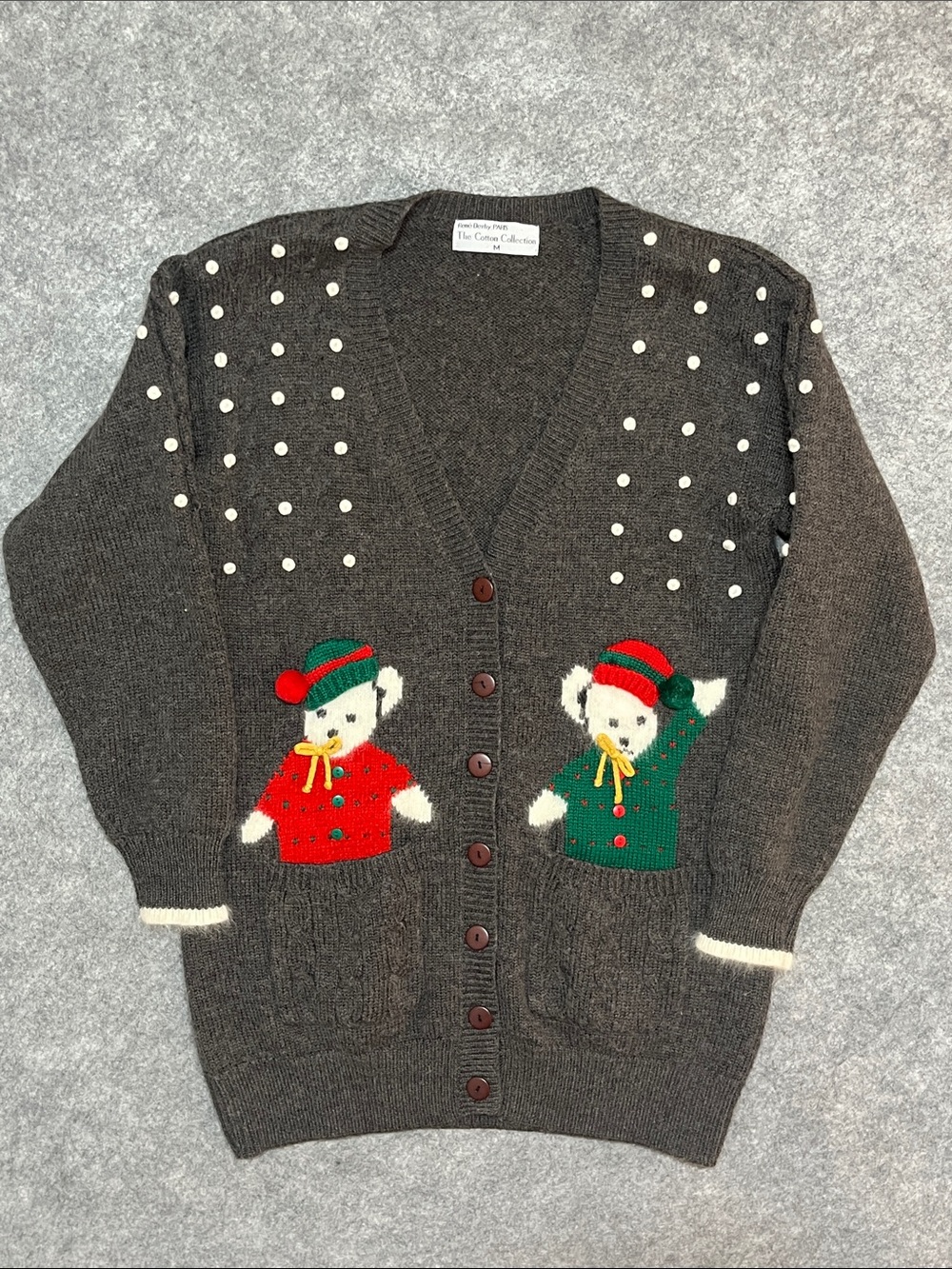 Vintage Christmas Sweater Rene Derhy Paris Holiday Teddy Bear Knit Charcoal
